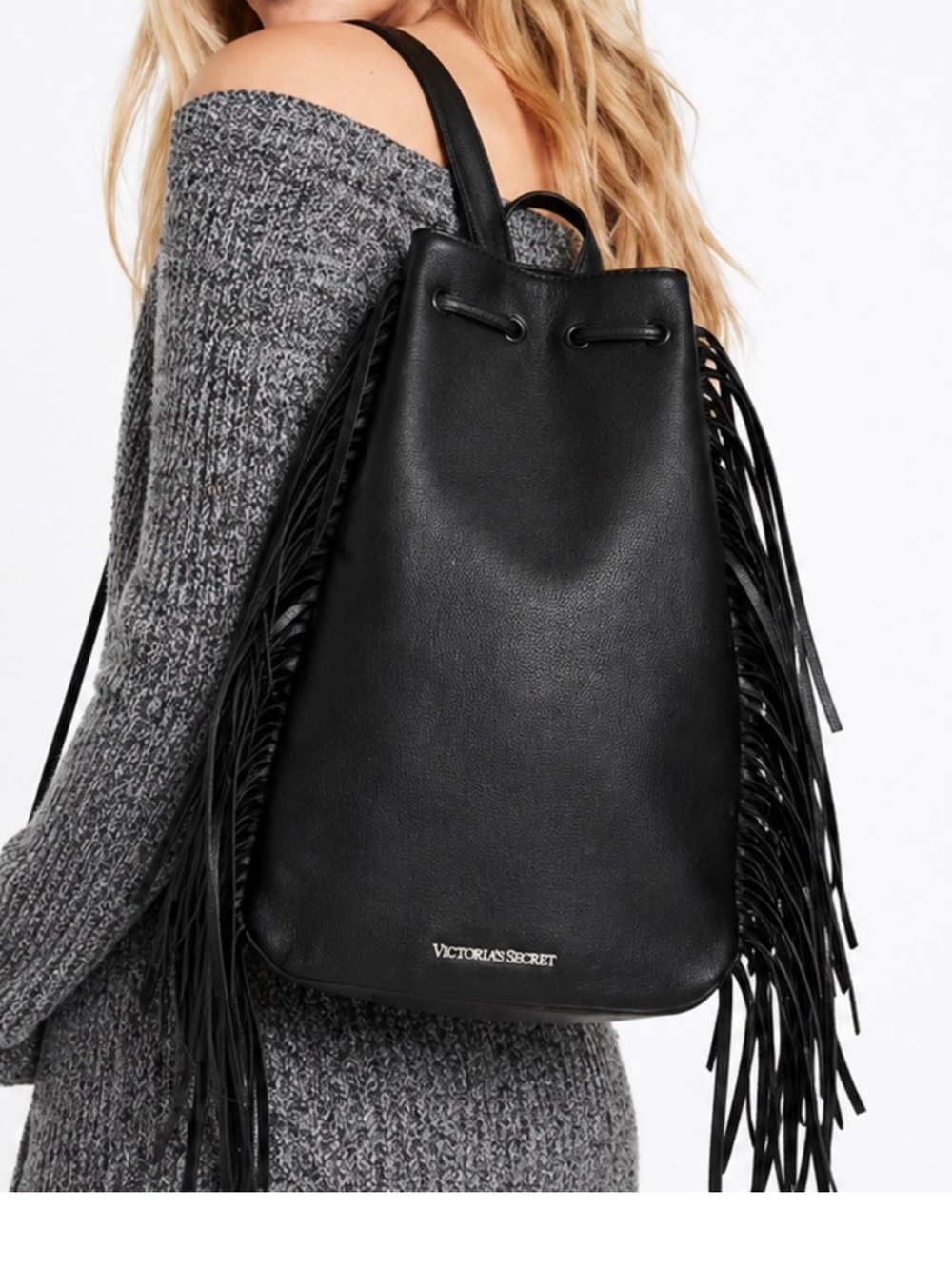 Victoria's Secret Black Fringe Drawstring Backpack